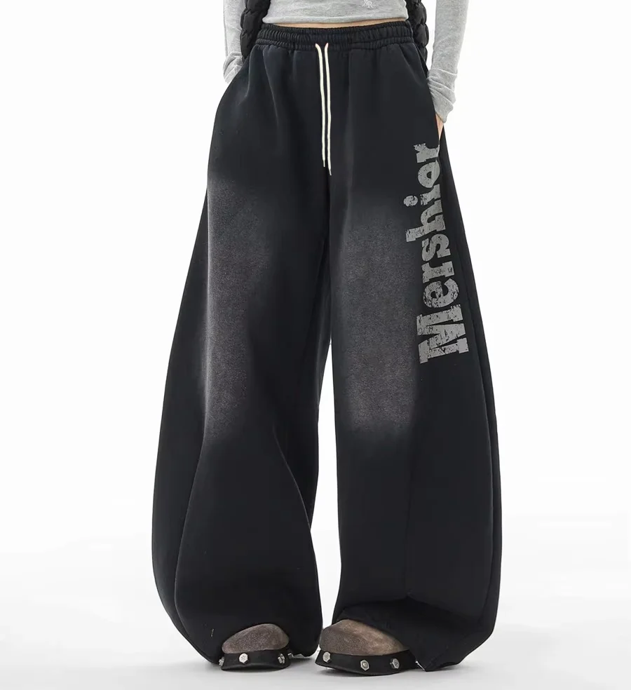 Unisex Schnelltrocknende Sport-Langhose Y2K Gewaschene Distressed-Letter-Print Weites Bein Kordelzug Hip-Hop Streetwear Freizeithose – Detail 4