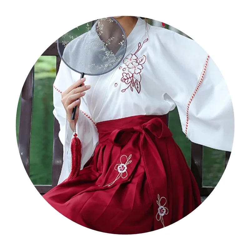 فستان ياباني المرأة كيمونو سترة الفتيات تنورة مجموعة علوية الأزهار المطرزة كم كامل يوكاتا هاوري الشرقية القديمة 2 قطعة دعوى