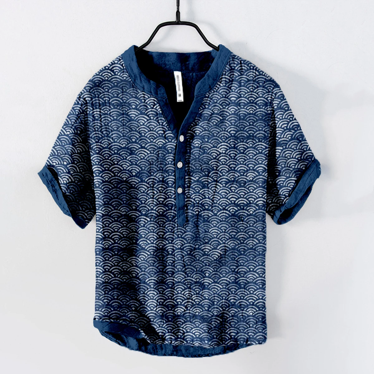 

Men's shirt traditional pattern wave pattern linen 3D printed shirt V-neck three-breasted trendy Hawaiian casual loose shirt