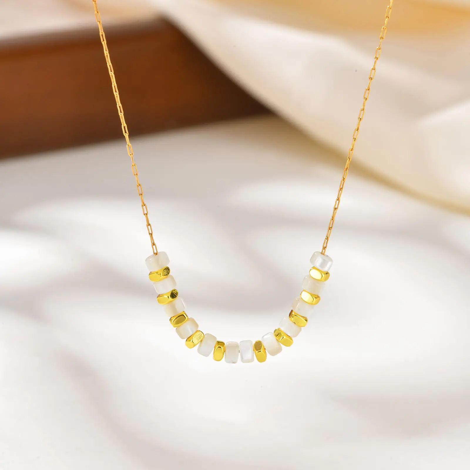 Little Luxury Small Square Pendant Necklace for Women, Shell Rice Bead Stainless Steel Chain Necklace,Dainty Simple Jewelry Gift