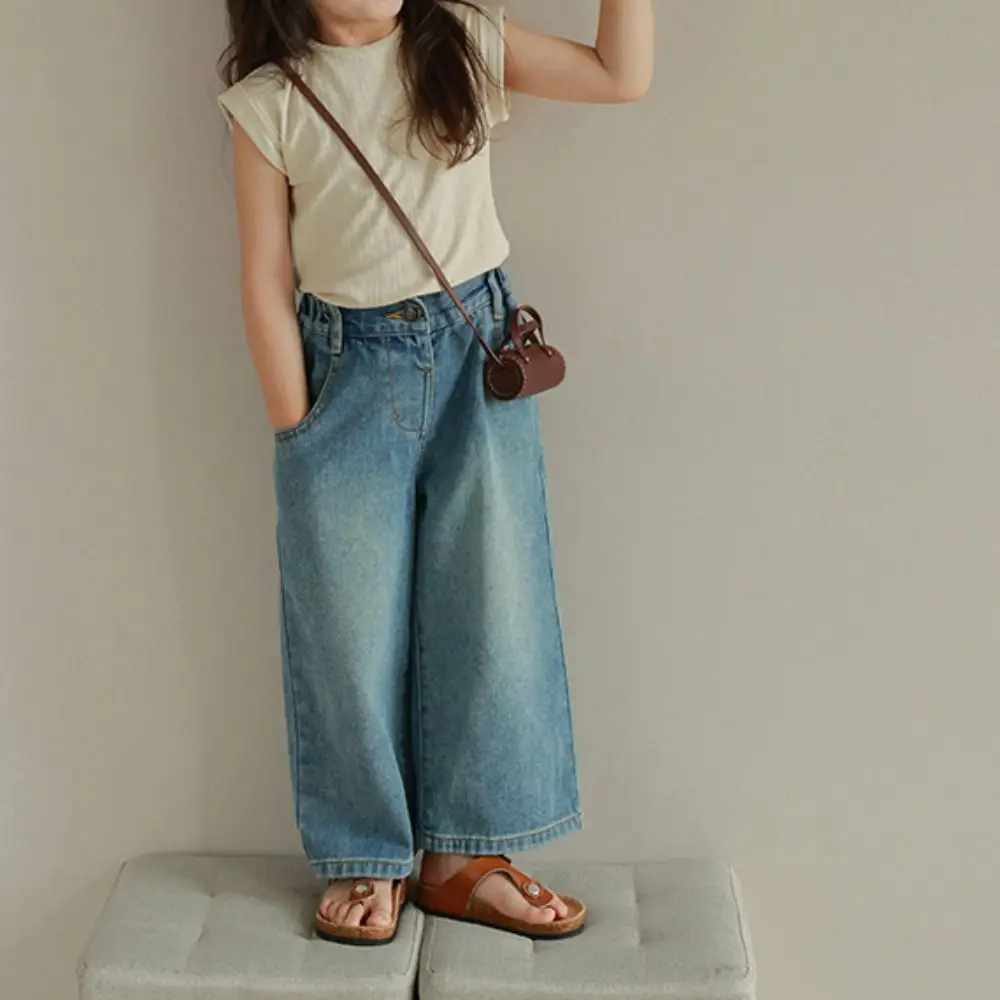 لطيف مستقيم الجينز عالية الخصر واسعة الساق الأطفال Y2K الجينز كاوبوي السراويل فضفاضة الفتيات الصغيرات سراويل جينز الفتيات هدية