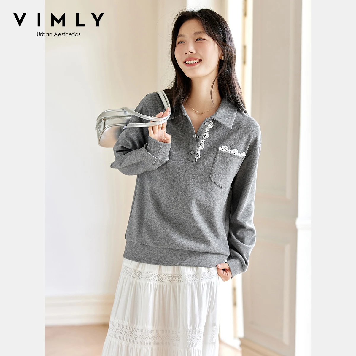 VIMLY Sports Women Grey Sweatshirts Autumn 2025 Lace Splicing Turn-down Neck Knitted Female Sweatshirt Loose Ladies Tops A2225