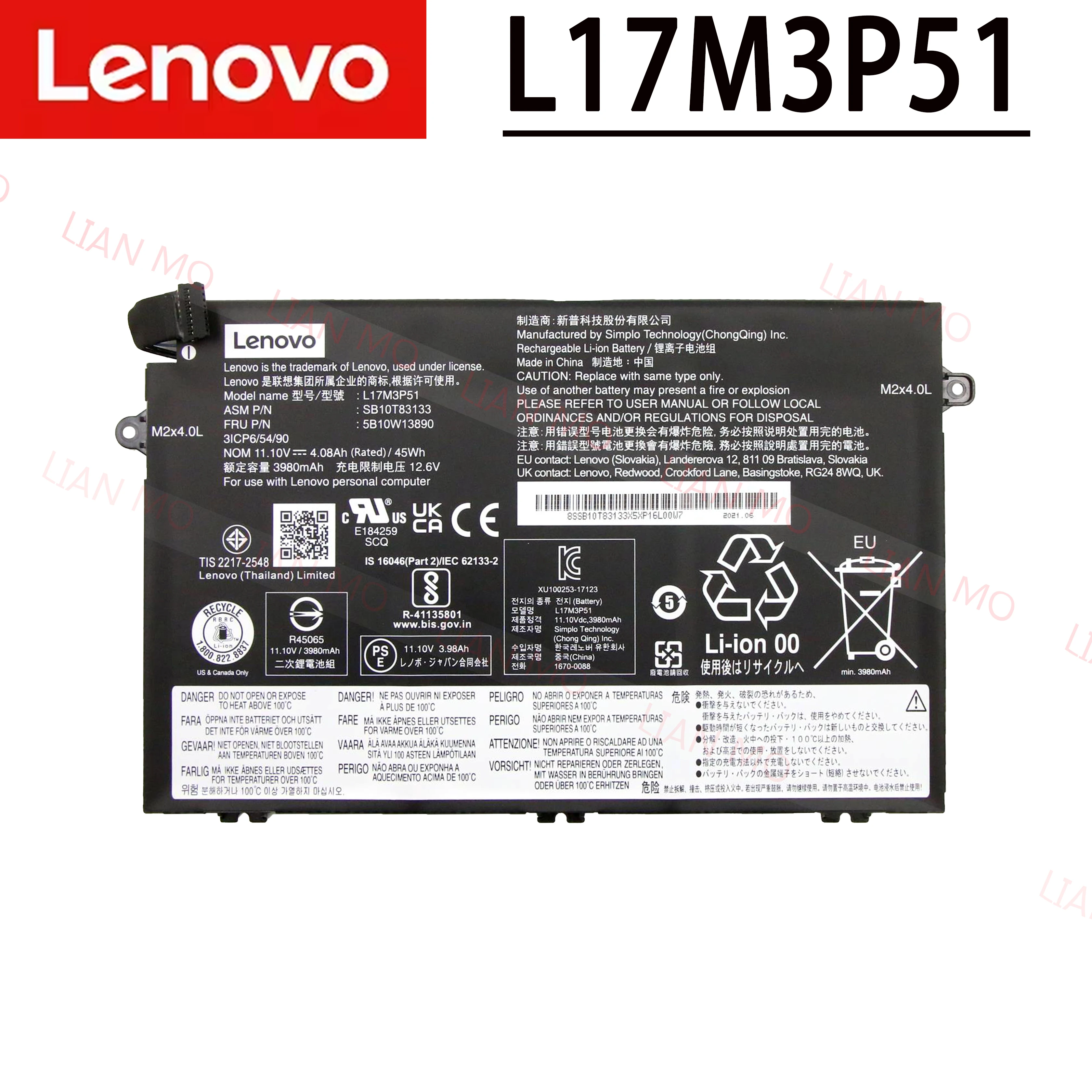 Lenovo Thinkpad E480 E485 E14 E15 E580 E585 R480 E490 E495 battery L17C3P51 L17M3P51 L17L3P51 L17M3P52 5B10W13890 5B10W13888