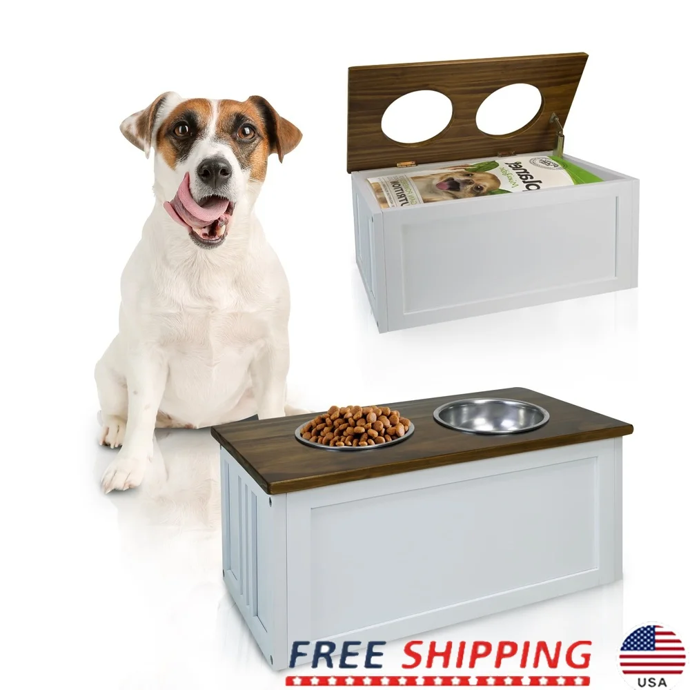 

Solid Wood Double Bowl Pet Feeder Stand with Storage Box Removable Aluminum Bowls Easy Clean Assembly Medium Large Dogs