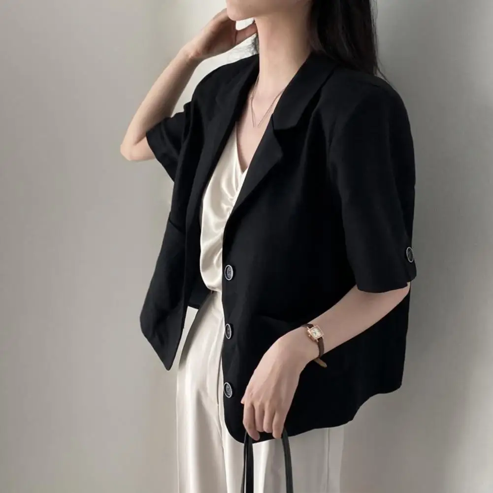 

Women Blazer Business Suit Coat Formal OL Commute Style Solid Color Single-breasted Patch Pockets Loose Short Sleeve Lady Coat