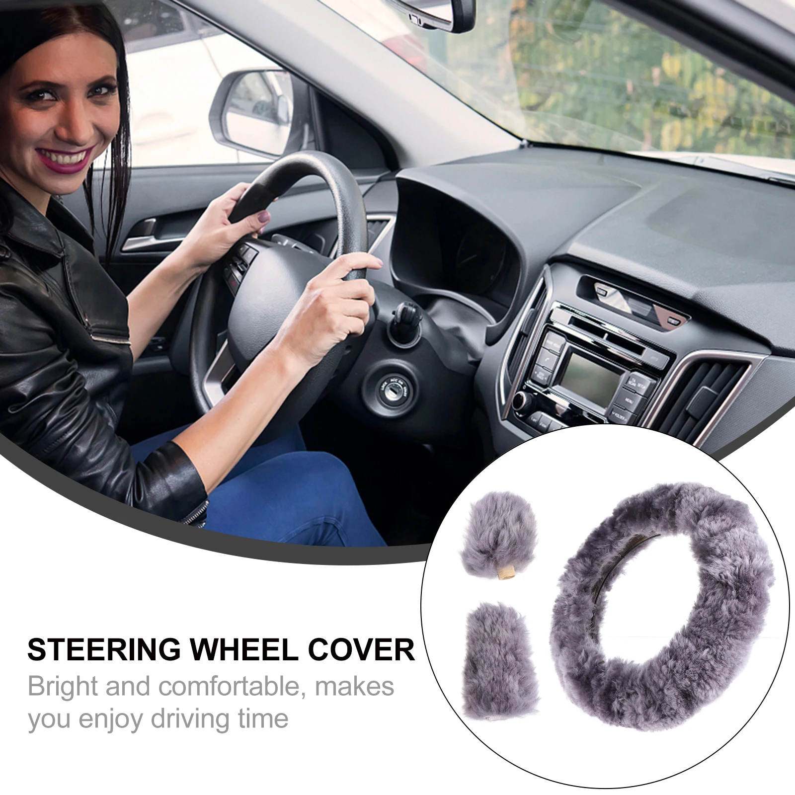 

3 Pcs Wool Steering Wheel Cover Creative Fuzzy Winter Gear Car Protector Covers