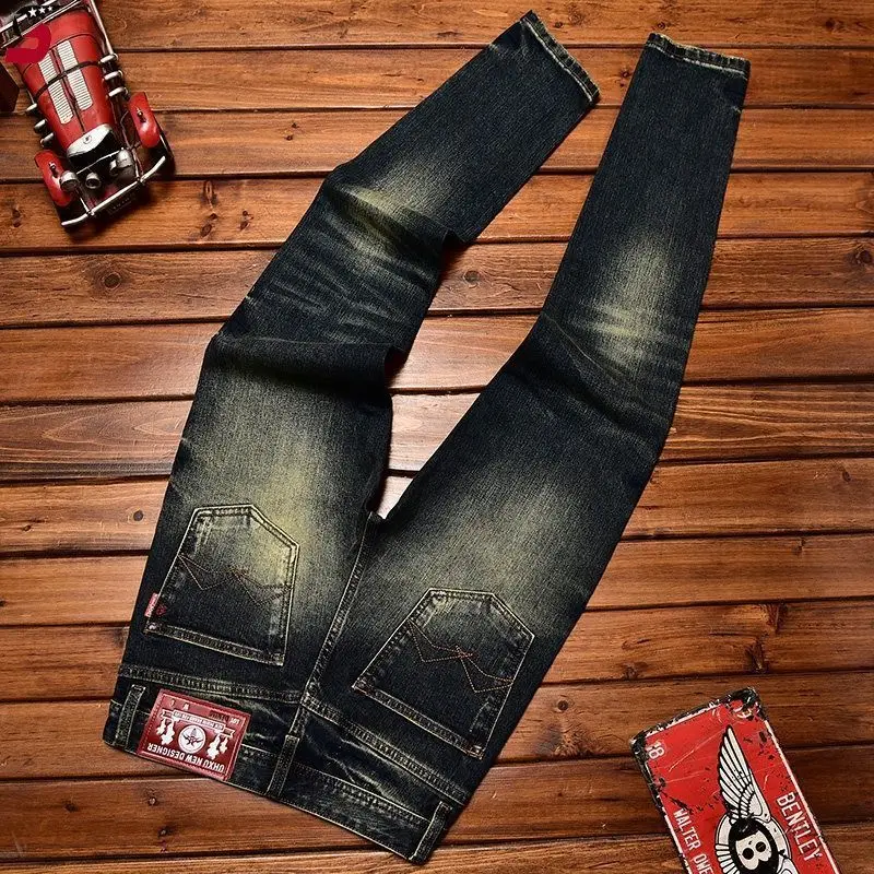 Korean Popular Light Luxury Trendy Brand Men's Spring and Summer New Elastic Jeans Vintage Slim-fit Design Small Feet Trousers