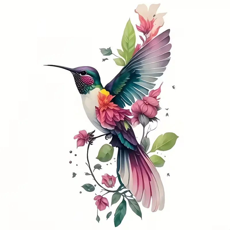 Vibrant Hummingbird and Floral Decals for Cars, Motorcycles, Laptops - Durable PE Material, Colorful Design with Detailed Feathe