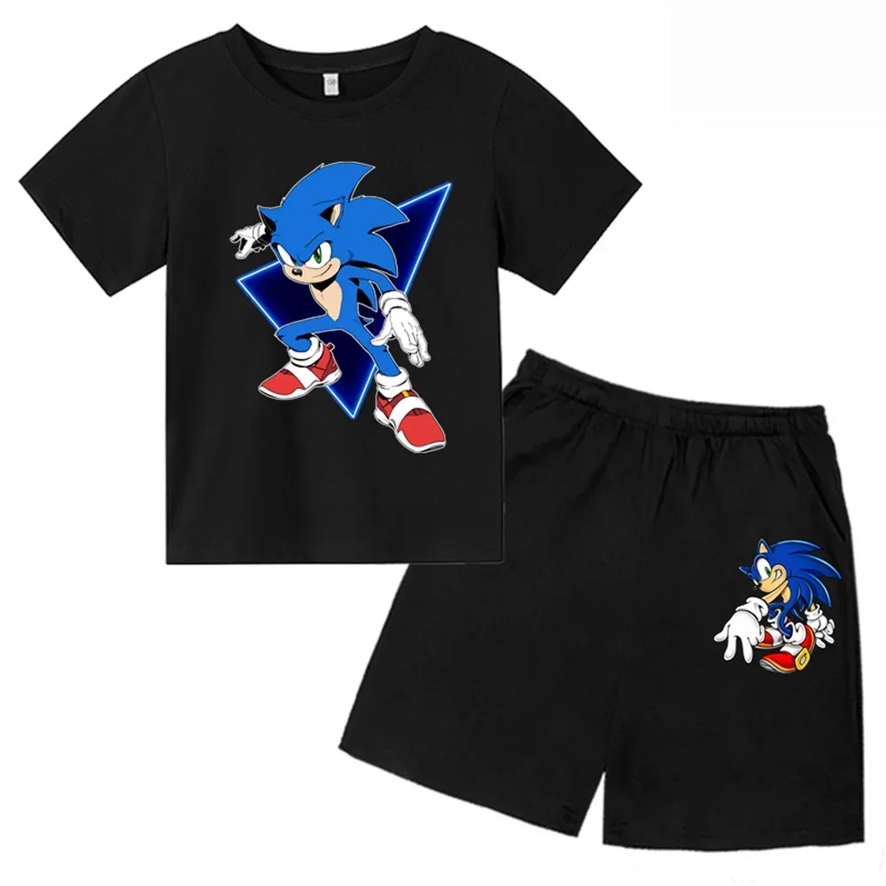 New Cartoon Sonic T-Shirt+shorts 2pcs Set Boy Girl Teenager Summer Short Sleeve Casual Sport Children Tee Shirt Set Baby Clothes