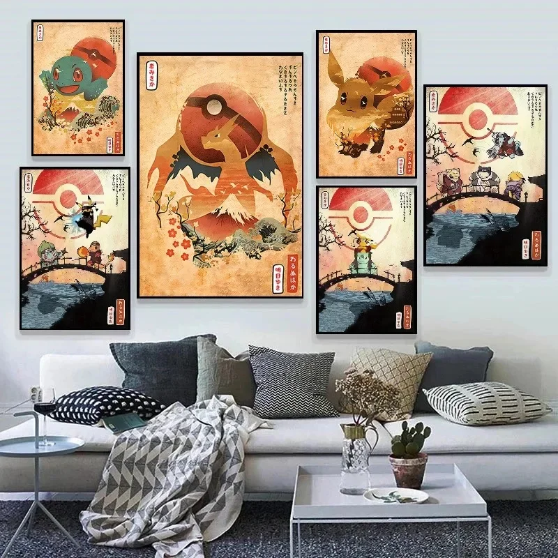 Anime Pokemon Japan Vintage style Poster Charizard Blastoise Venusaur Abstract Canvas Painting Wall Art Prints Living Room Decor