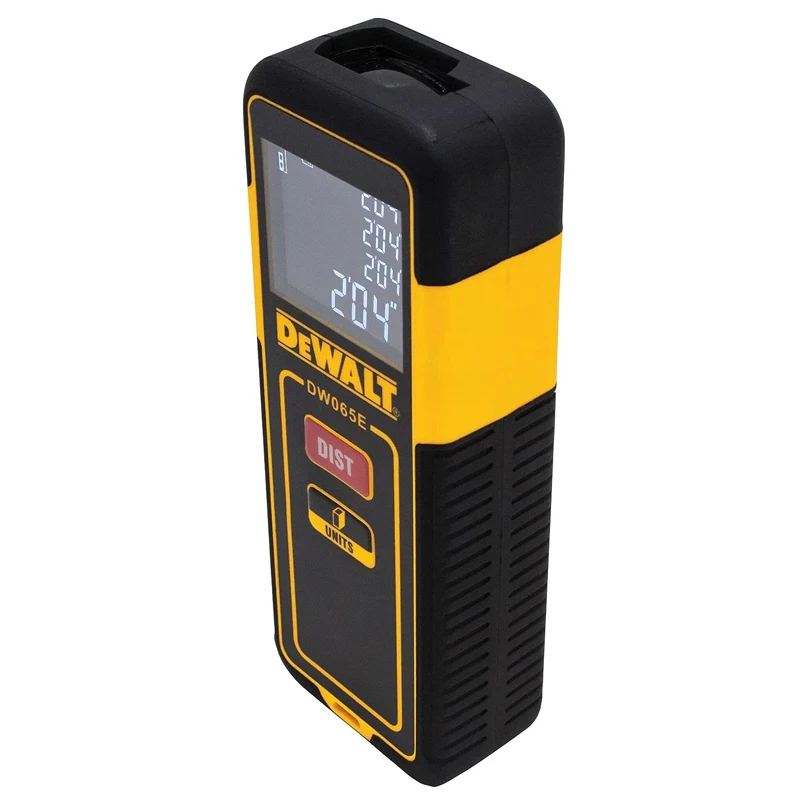 DEWALT DW065E 20M Laser Distance Measurer Black Back Lit LCD Screen Indoor Outdoors Portable Over Molded Housing Range Finder