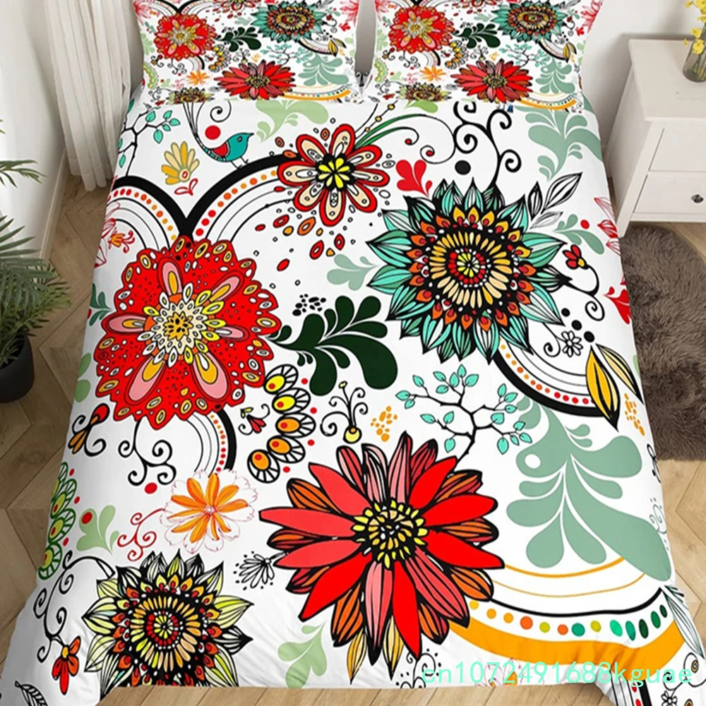 70s Retro Psychedelic Floral Duvet Cover Bohemian Exotic Abstract Flower Bedding Set Queen Microfiber Groovy Flower Quilt Cover