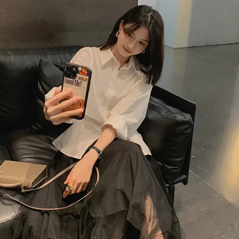 

Korean Fashion White Shirt Women Long Sleeve Turndown Collar Loose Blouse Female Chic Single Breasted Pleated Shirts Ladies