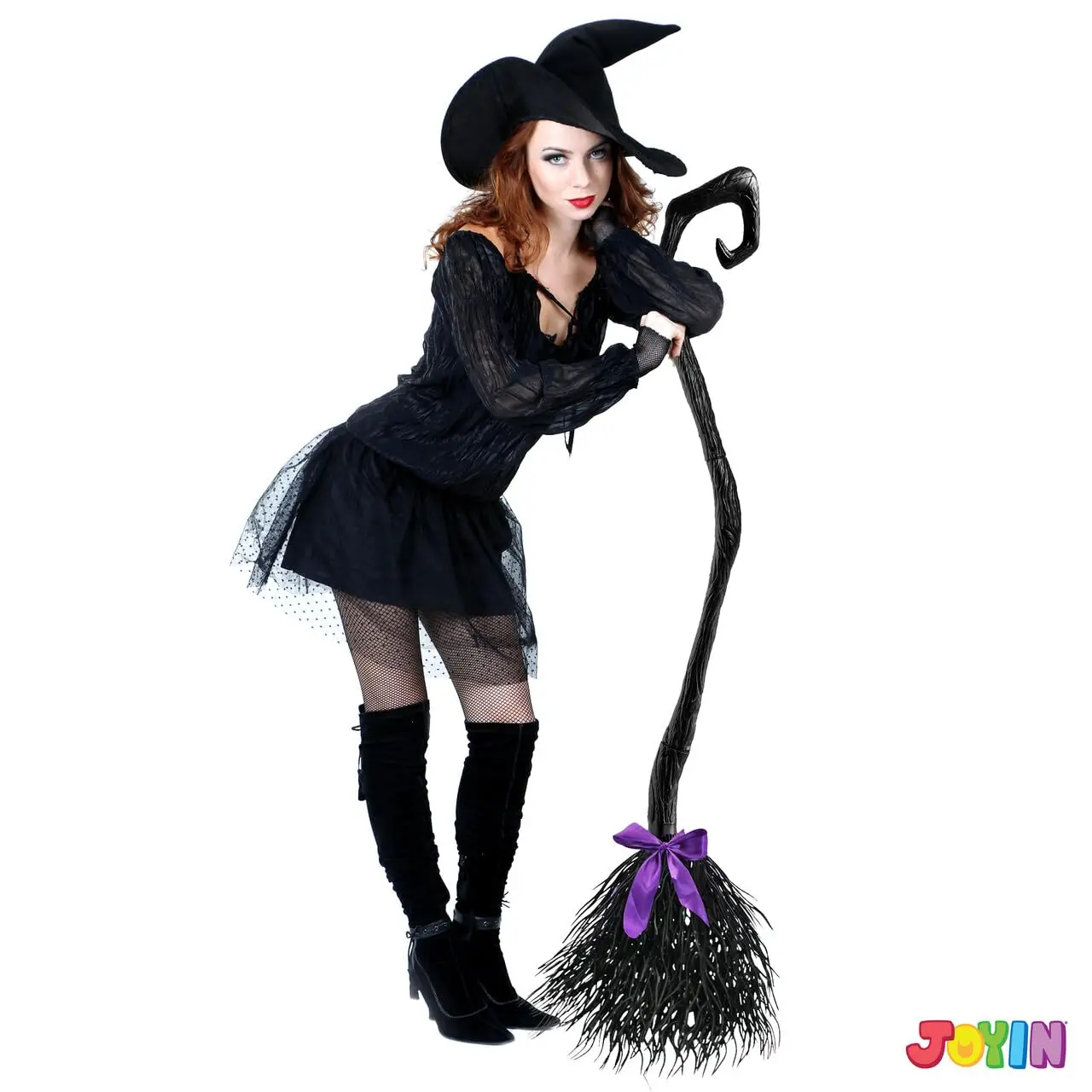 JOYIN 55'' Halloween Witch Broom Cane with Ribbons, Witches Broomstick for Kids Women Wizard Costume Parties, Photo Booth Accessory Stage Prop, Halloween Decorations