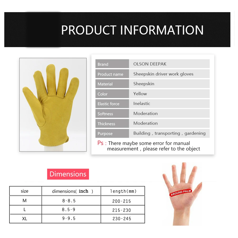 12Pair Leather Work Gloves Sheepskin Driving gloves Men Motorcycle Gardening Safety Protective Fruit Picking Gloves