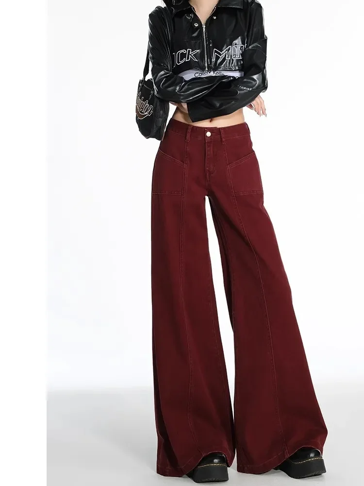 Women's Retro Red Micro Flared Pants Street Style Wide Leg Sweatpants Vintage Casual Female High Waist Loose Straight Trousers