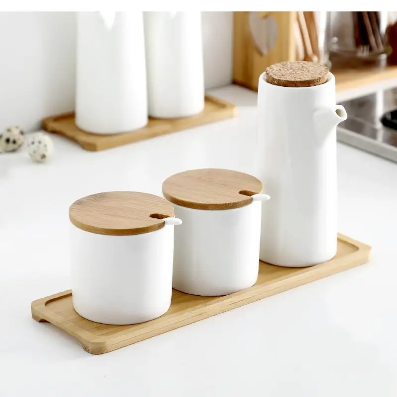 

Ceramic Jars with Lid Home Suger Jar Kitchen Storage Container Spice Organizer Rack Seasoning Box Suit Lecythus Wooden Pallets