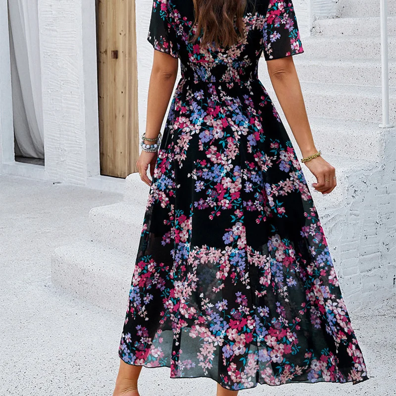 أنيقة بوهو المرأة الصيف فستان طويل عادية الأزهار المطبوعة شاطئ فستان الشمس الخصر Cinched قصيرة الأكمام ماكسي فساتين Vestidos