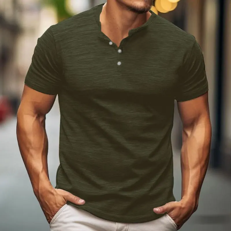 24 fashion men's short sleeve button t-shirt henley collar bamboo summer casual solid color european and american trend men