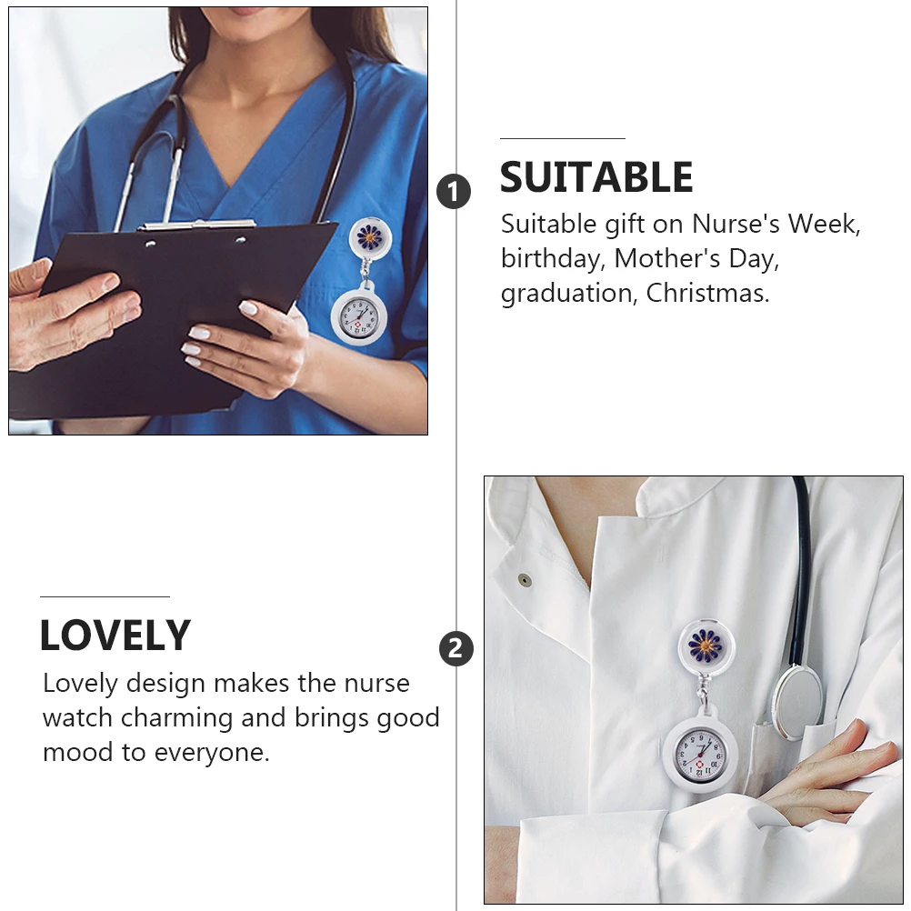 

2Pcs Pocket Watch Retractable Clip on Nurse Triangle Flower Pattern Hanging Watches Large Dial Easy Time Check Gift Nurse Week