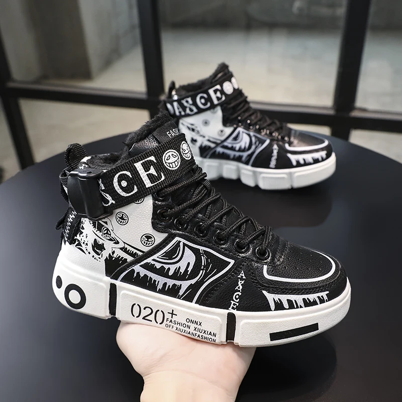 Boys' High-Top Sneakers 2025 Autumn/Winter New Style Children's Sports Shoes Buckle Student Soft-Soled Fleece Casual Shoes
