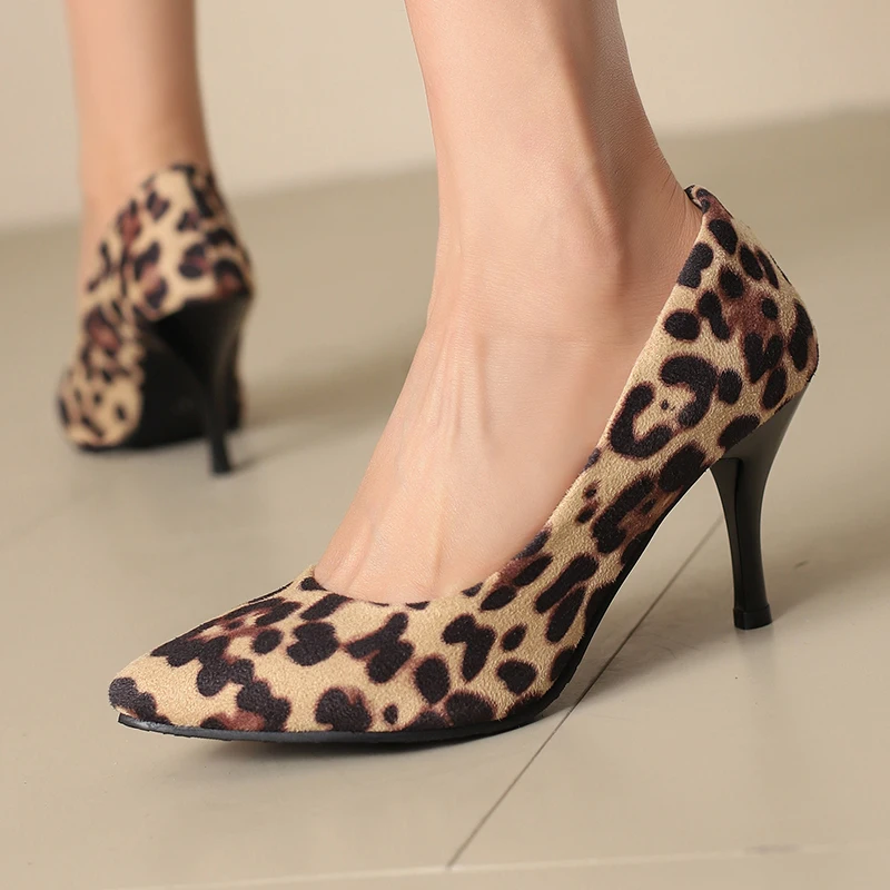Women's High Heels Pumps Party Shoes Leopard Flock Heeled Office Wedding Footwear Party Dance Shoes Ladies Large Size 45 50