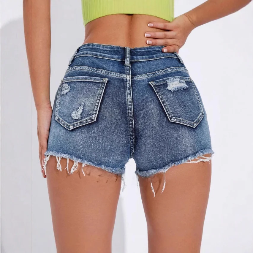 High Waist Short Jeans Light Blue Frayed Hem Denim Shorts Women's Summer Trendy Hot Girl Cross-Border Casual Pants