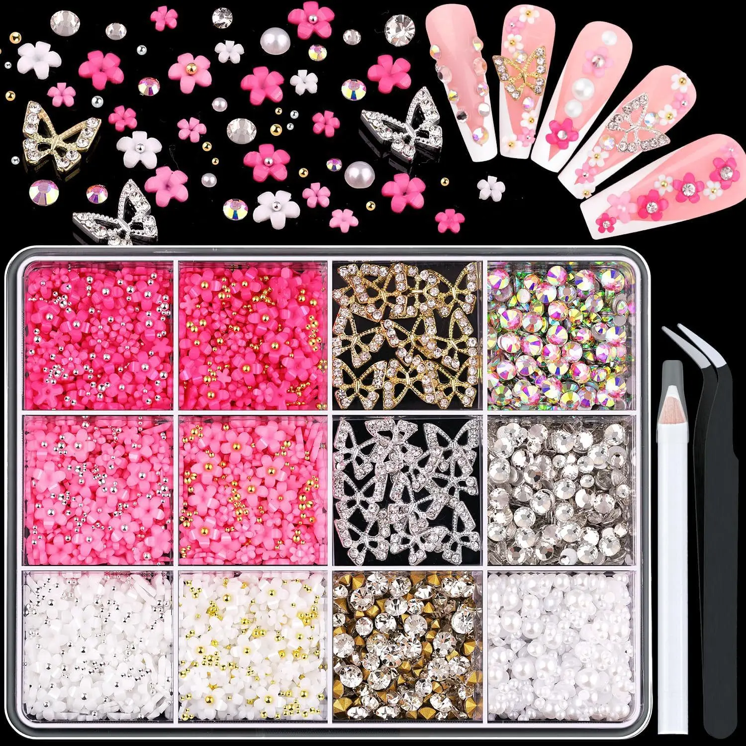 7 grille mixte acrylique nœud papillon 3D Nail Art décorations fleur résine breloques perles Caviar perle mixte strass accessoires en boîte