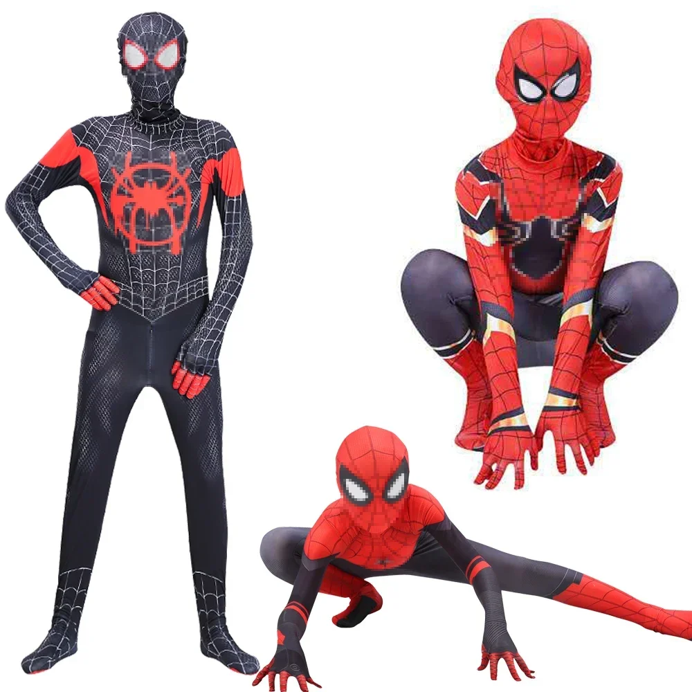 Disfraz de superhéroes con cremallera para niños, traje Zentai de Spiderman, negro y rojo, vestido de Anime de lujo para fiesta