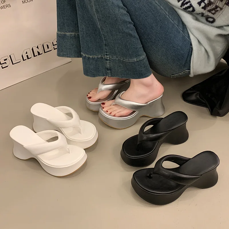 

9CM High Heel Wedges Women Sandals Black Ladies Flip-Flops Leisure Platform Summer Beach Slippers Silver Chunky Shoes 2025