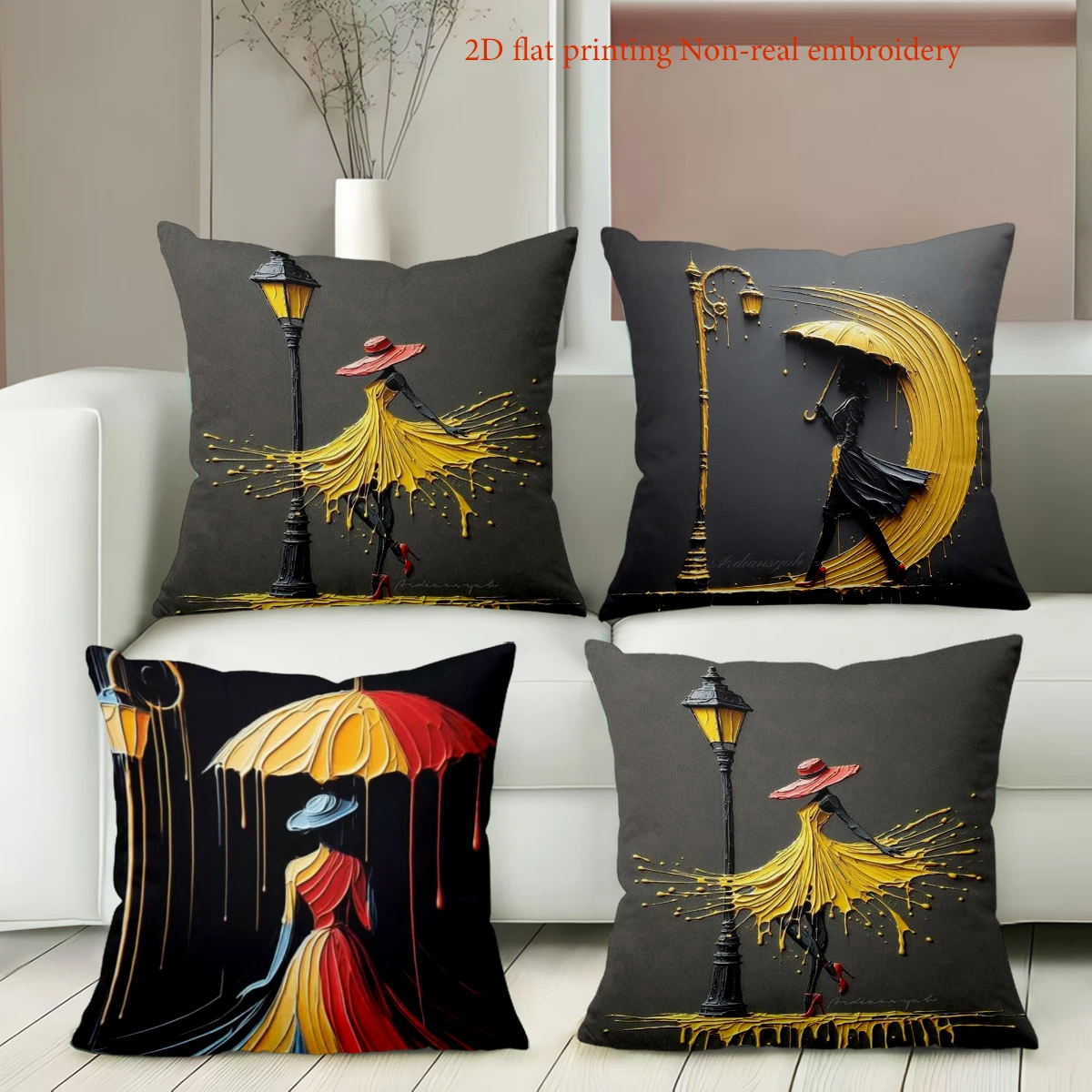 Stylish Women with Umbrellas on Black Pillows 2D Printed Polyester pillowcase, sofa decorative cushion cov Headboard Pillow