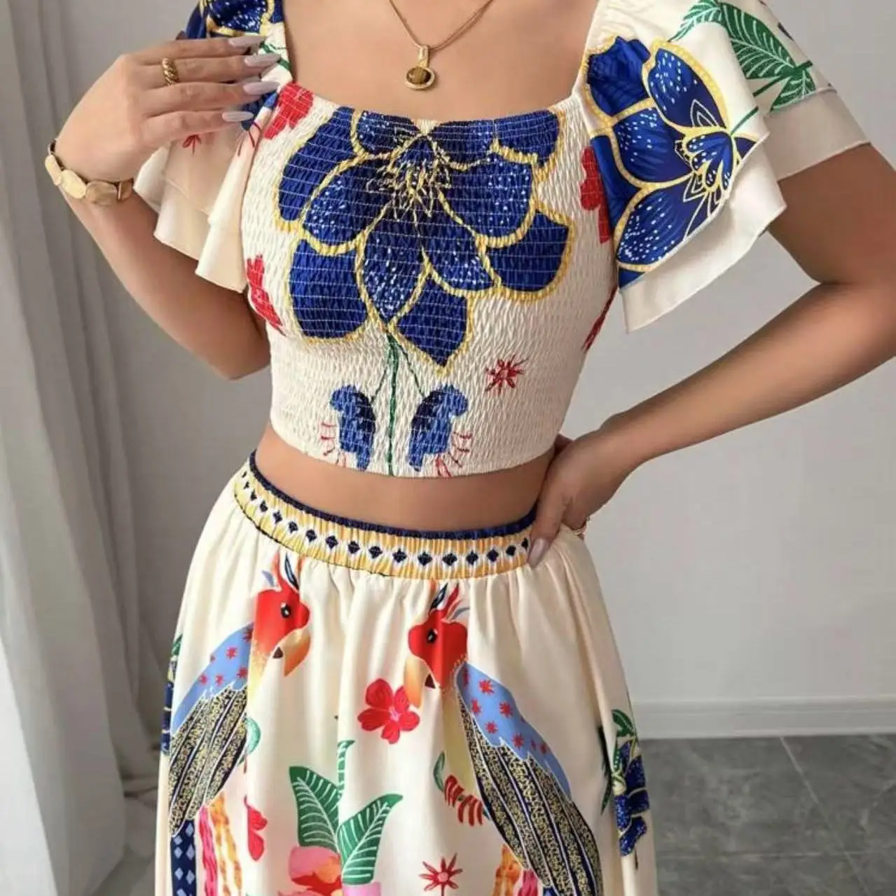 2025 novo verão floral impressão casual vaion feminino ort sve topo saia longa faion conjunto redondo ne pulôver terno de duas peças