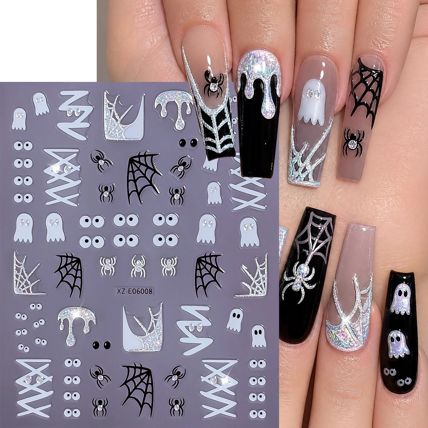 3D Cute Ghost Eyeball Halloween Nail Sticker Glitter Spider Wed French Silver White Molten Lava Nail Decals Self-adhesive NailAr