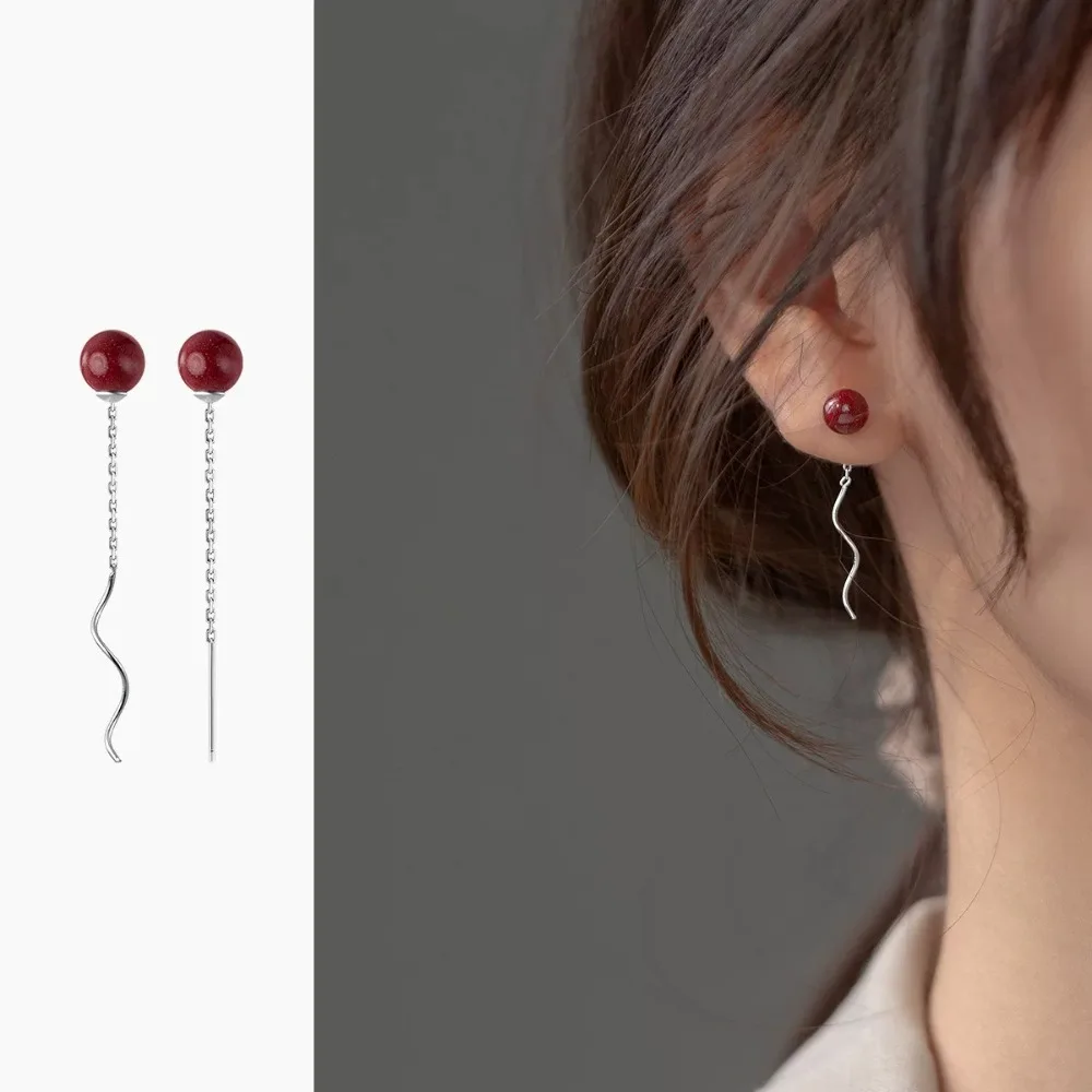 925 Sterling Silver Cinnabar Round Bead Threader Earrings for Women New Chinese Style Long Tassel Dangle Earrings Lucky Jewelry