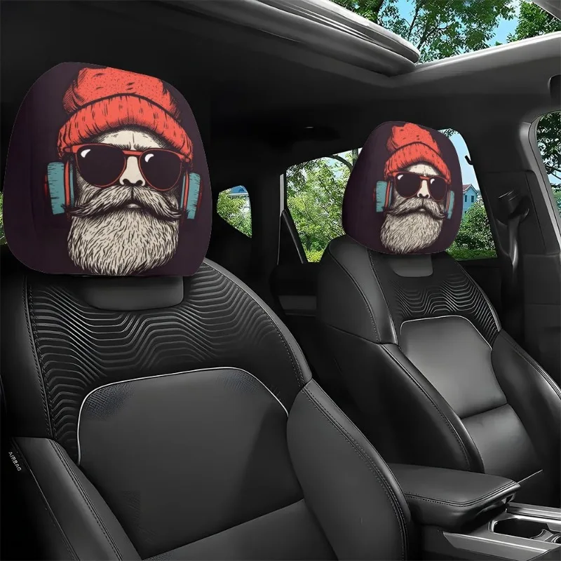 2PCS Car Seat Headrest Covers Double-Sided Printed Funny Cartoon Face Black Head Rest Cover Elastic Universal Headrest Protector