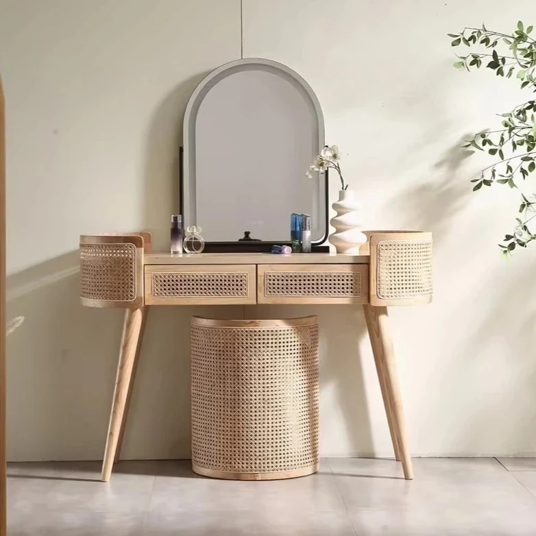 

simple small apartment solid wood makeup table Japanese ins rattan dresser Nordic bedroom