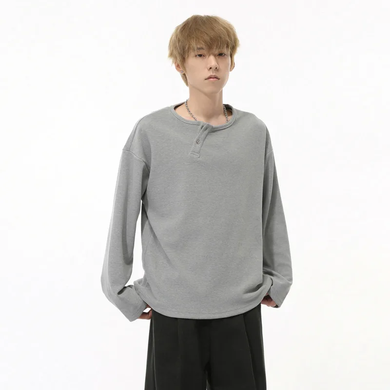 Korean Style Men's T-shirts Casual Round Collar Long Sleeve Solid Color Loose Male Pullover Tees New Autumn 2024