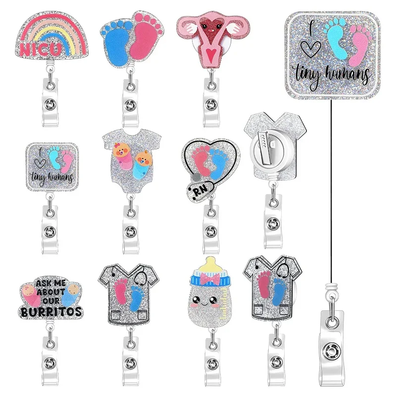 Shiny Nurse Name Badge Cartoon Crystal Acrylic Retractable Badge Holder Clip Glitter Footprint Easy Pull Buckle Office Supplies