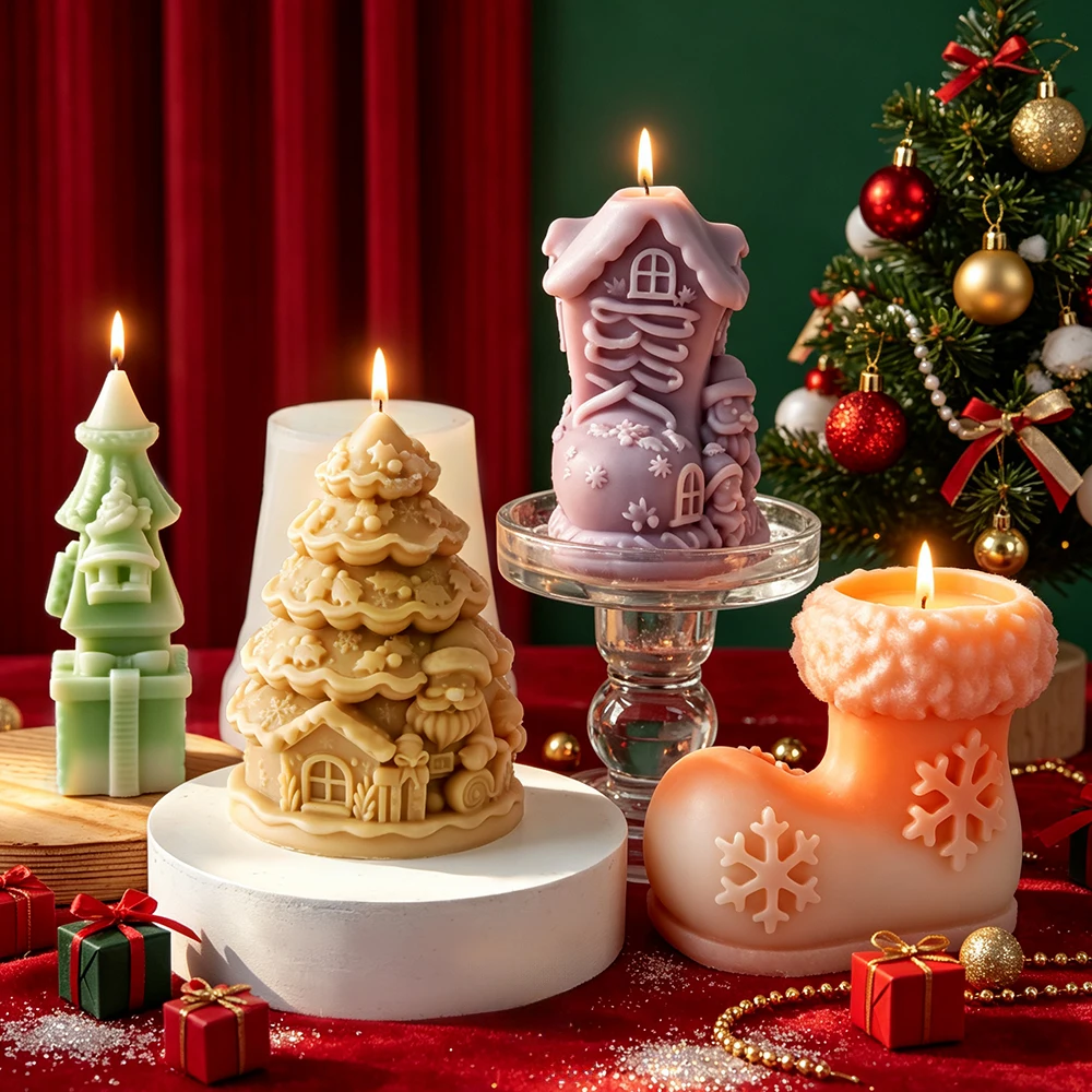 DIY Christmas Series Silicone Candle Mold Xmas Tree Santa Snow Boots Plaster Painting Crafts Mold Festival Decor Candles Mould