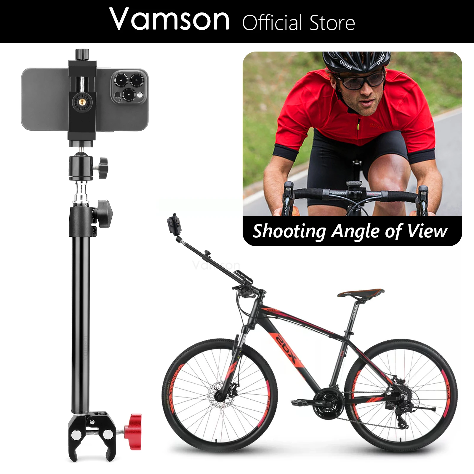 Vamson Bike Phone Holder Bicycle CellPhone Mount 3rd Person View Selfie Stick Road Cycling Smartphone Stand for Vlog Navigation