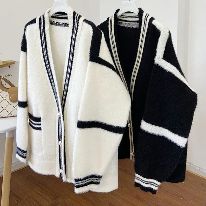 Korean Fashion Single-Breasted Sweater Women Contrast Color Striped V-Neck Knit Cardigan Female All-Match Loose Sweaters Coats