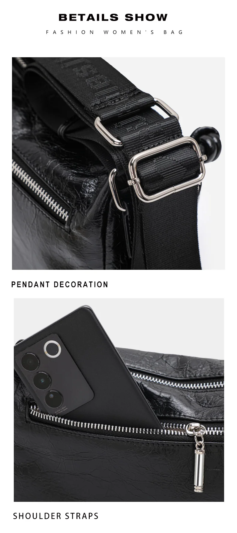 Damenmode-Handtasche mit Plissee-Textur, ultraweich, 100 % Rindsleder, verstellbare Schulter- und Umhängetasche – Detail 12