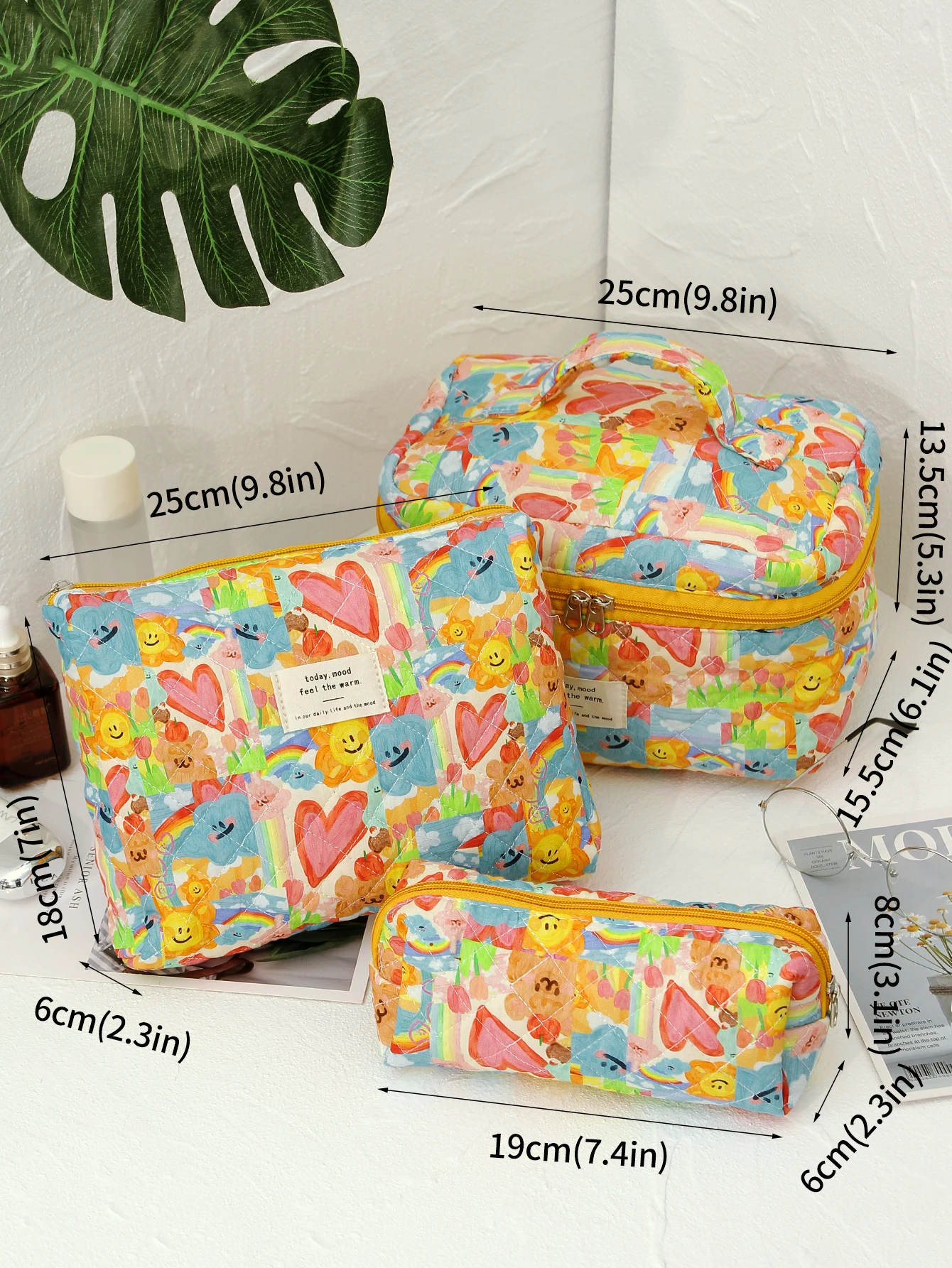 3Pcs/Set Quilted Makeup Bag Set Cotton Floral Makeup Bag In Different Sizes, Zip Closure Aesthetic Toiletry Bags Cosmetic Bag Se