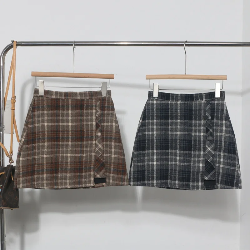 Women's Woolen Checkered Mini Skirt High Waist Irregular Hem A Line Bodycon Skirt Casual Fashion Plaid Short Half Skirt 8923