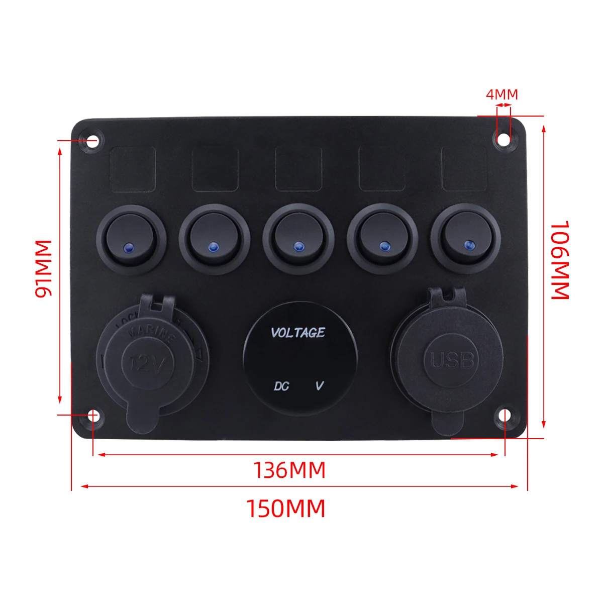 5 Gang Rocker Switch Panel 12V, LED Toggle Panel W/ Voltmeter & QC3.0 USB Charger, DC 12/24V Socket for Boat RV Car Truck Marine
