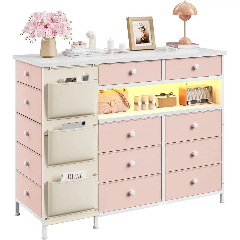 Pink 13 Drawer Dresser for Bedroom with LED Lights and 3 Side Pockets, Closet Island with 2 Open Shelves, Dressers & Chests of D
