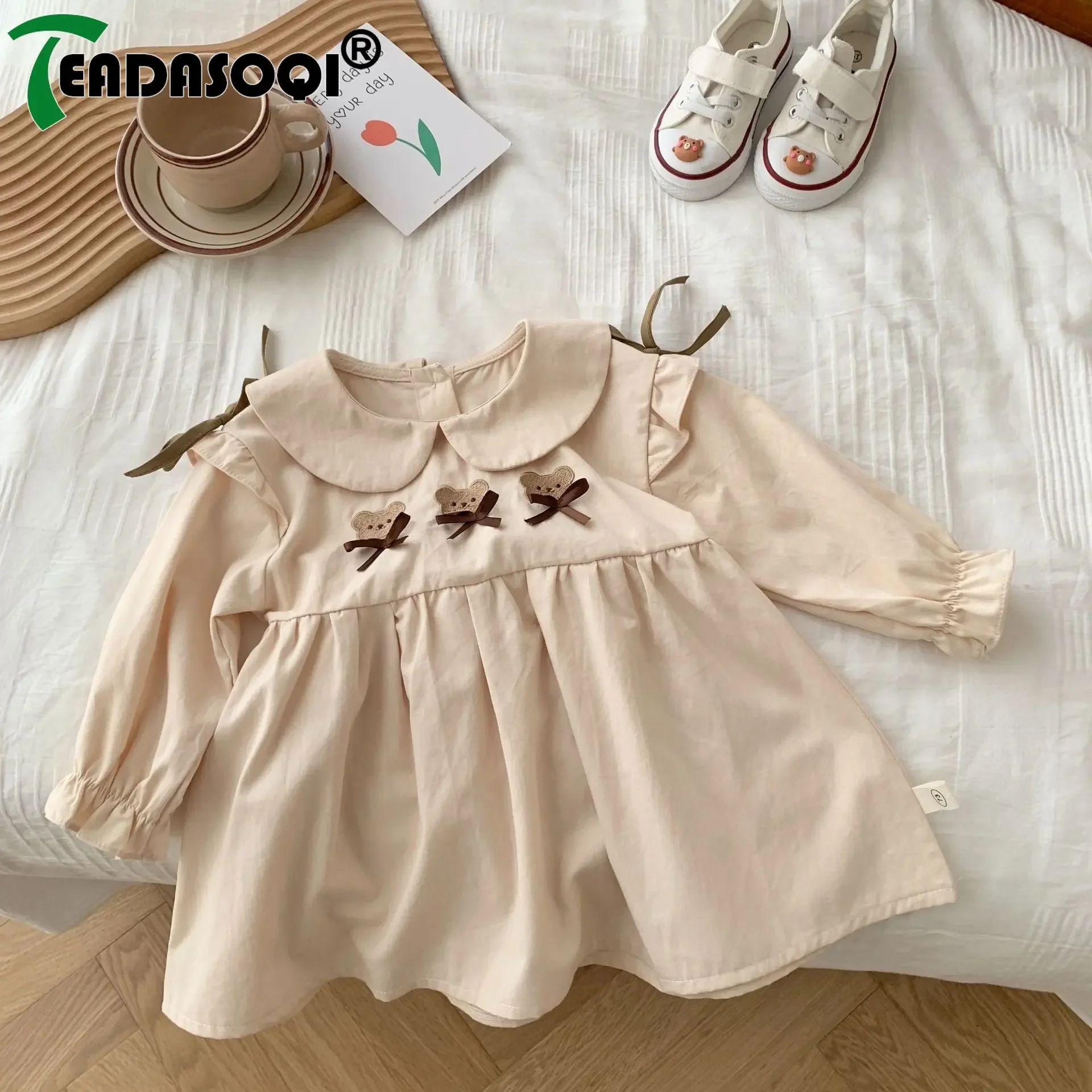 

Autumn Kids Baby Girls Peter Pan Collar Embroidered Bear Knee-Length Dress or Shirt, Toddler Strap Overalls for Children Clothes