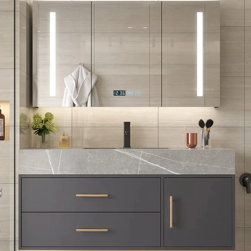 Stone Slab Integrated Basin Intelligent Bathroom Cabinet Combination Solid Wood Light Meuble Salle De Bain Washbasin Toilet