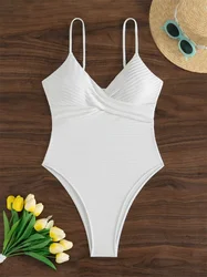 Sexy Sling Bikini White Ribbed Y2K High Leg Swimsuit Extreme Monokini Twist Vacation Swimwears Women Beach Bathing Suit BodySuit