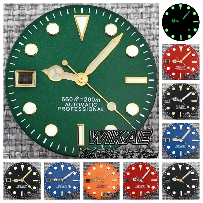 29mm 9 O'Clock Date Window Watch Dial Black Green Blue Red Orange Dial Green Luminous Fit Left Hand NH35 Movement Watch Accessor